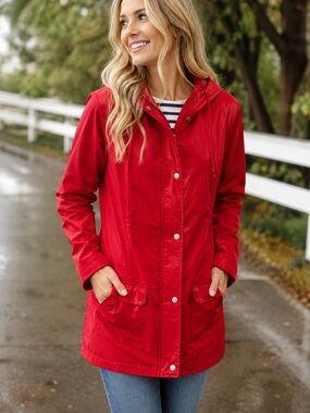 ♥️d&co. Denim & Company Red Hooded Rain Jacket Coat Striped Lining Size Large♥️